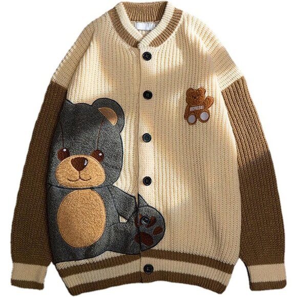 Women Varsity  Button Up Knitted Cardigan Cute Bear Graphic Embroidery Jacket - Picture 1 of 9